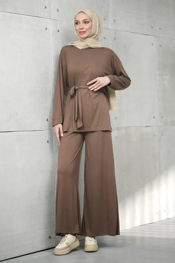 Kahverengi Bel Bağlamalı Tunik Pantolonlu Modal Takım