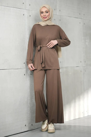 Kahverengi Bel Bağlamalı Tunik Pantolonlu Modal Takım
