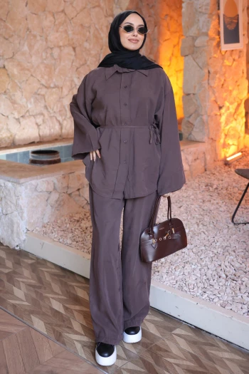 Kahverengi Bel Bağlamalı Tunik Pantolonlu Modal Takım