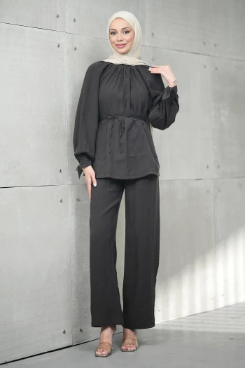 Kahverengi Bel Bağlamalı Tunik Pantolonlu Tensel Takım