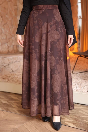 Kahverengi Bel Lastikli Desenli Şifon Etek