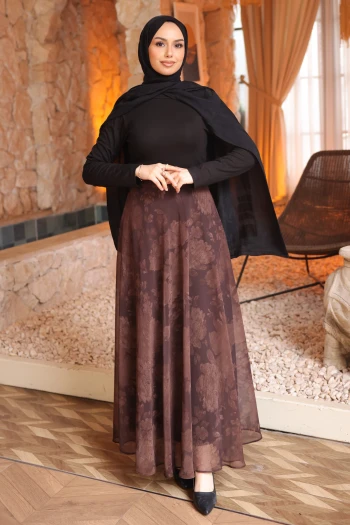 Kahverengi Bel Lastikli Desenli Şifon Etek