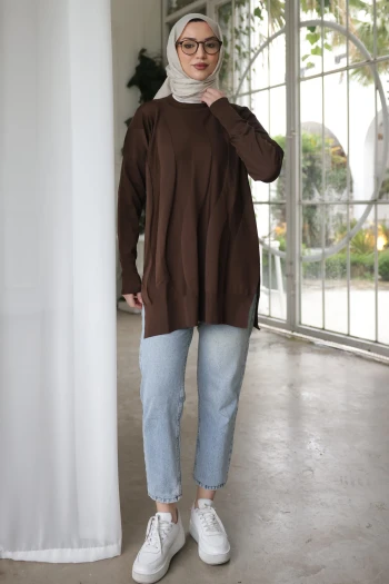 Kahverengi Bisiklet Yaka Soğuk İplik Triko Tunik