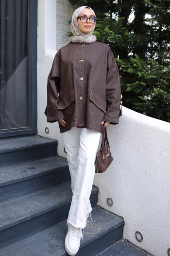 Kahverengi Cepli Düğmeli Oversize Ceket