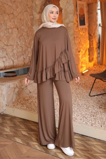 Kahverengi Eteği Fırfırlı Tunik Pantolonlu Modal Takım