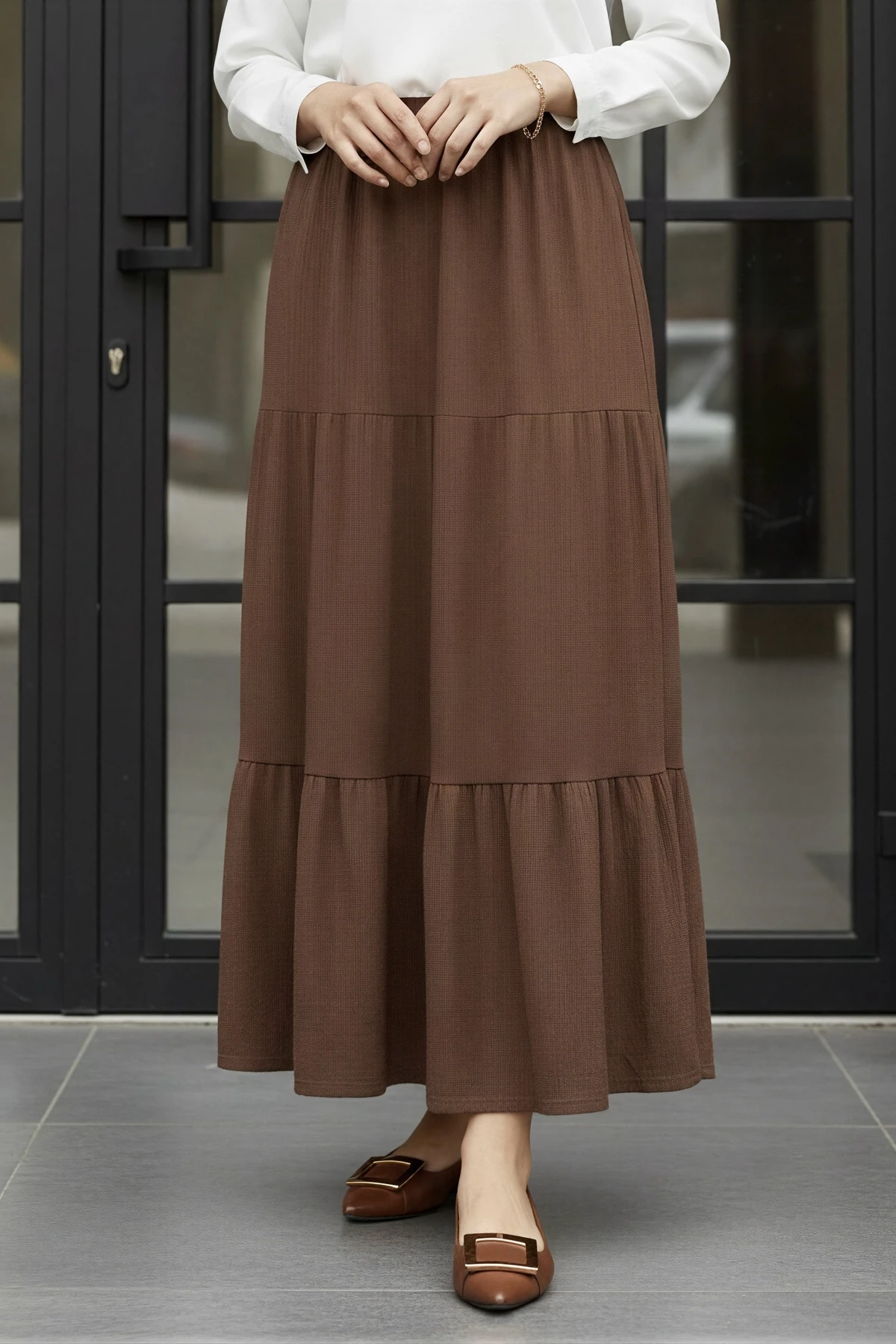 Kahverengi Eteği Katlı Bel Lastikli Bürümcük Etek