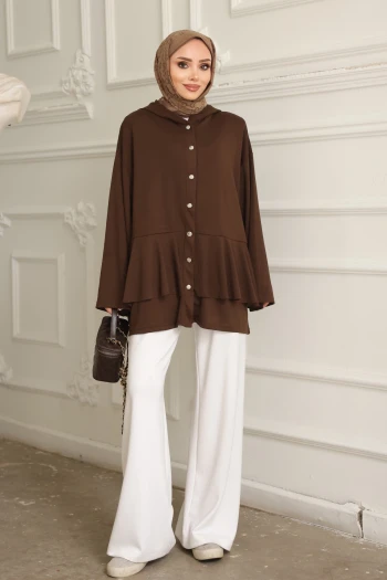 Kahverengi Etek Ucu Katlı Çıtçıtlı Modal Tunik