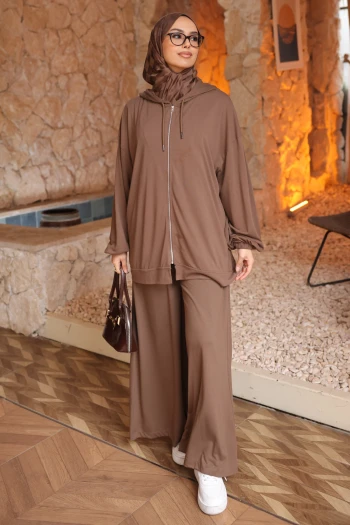 Kahverengi Fermuarlı Kapüşonlu Tunik Pantolonlu Modal Takım