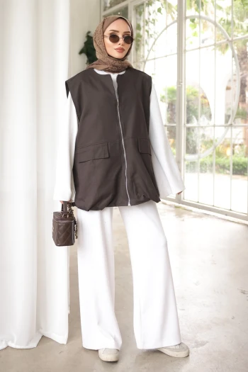 Kahverengi Fermuarlı Oversize Gabardin Yelek