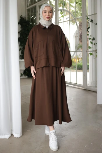 Kahverengi Fermuarlı Sweat Hırka Etekli Modal Takım