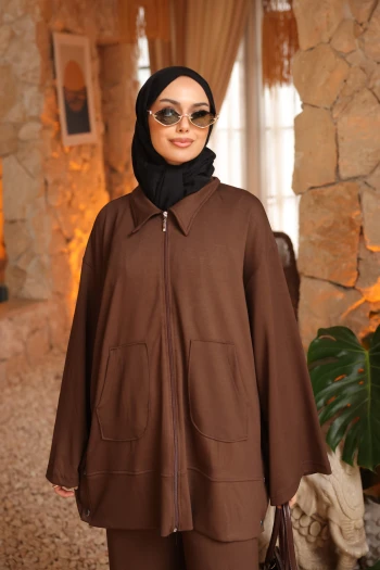 Kahverengi Fermuarlı Tunik Pantolonlu Modal Takım