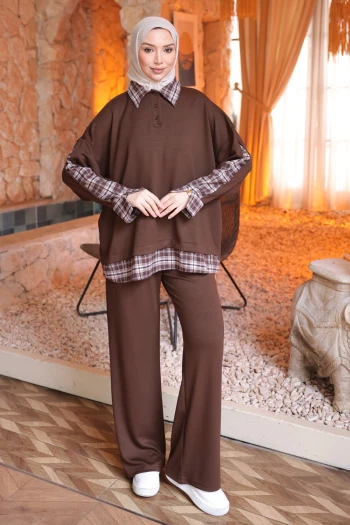 Kahverengi Garnili Gömlek Yaka Tunik Pantolonlu Takım