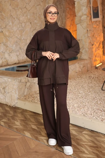 Kahverengi Garnili Tınik Pantolonlu Modal Takım