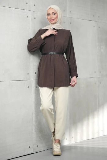 Kahverengi Gizli Patlı Belden Kemerli Modal Dokuma Tunik