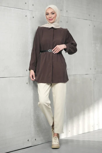 Kahverengi Gizli Patlı Belden Kemerli Modal Dokuma Tunik