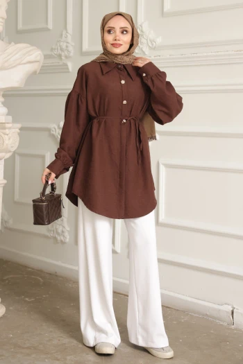 Kahverengi Kendinden Desenli İp Detaylı Gömlek