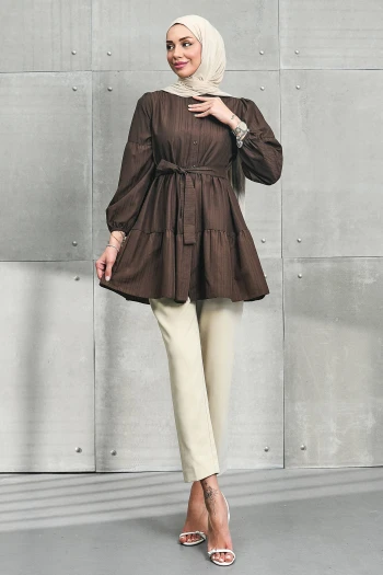 Kahverengi Kol Lastikli Eteği Katlı Tunik