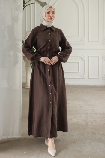 Kahverengi Kol Ve Bel Lastikli Düğmeli Çift Cepli Elbise