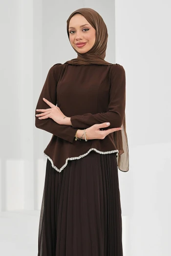 Kahverengi Taş Detaylı Tasarım Abiye