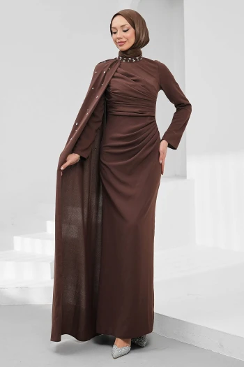 Kahverengi Taş İşlemeli Pelerinli Abiye