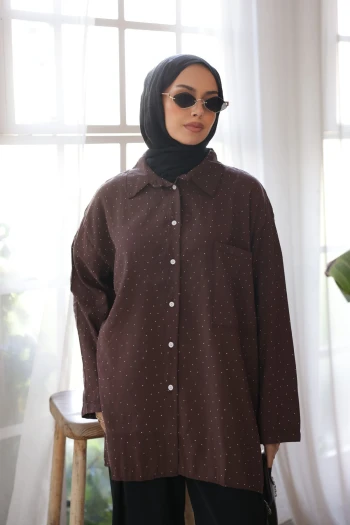 Kahverengi Tek Cepli Taşlı Salaş Gömlek