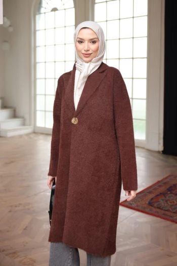 Kahverengi Tek Düğmeli Angora Yumoş Triko Hırka