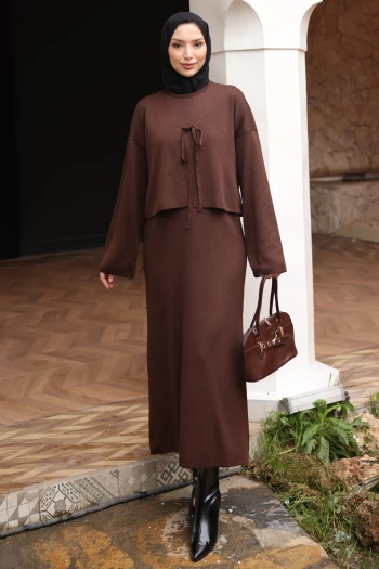 Kahverengi Triko Hırka Elbise İkili Kombin Takım