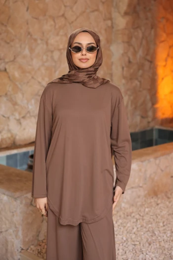 Kahverengi Tunik Pantolonlu Modal Takım