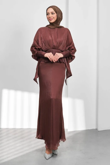 Kahverengi Yarasa Kol  Katlı Janjan Abiye