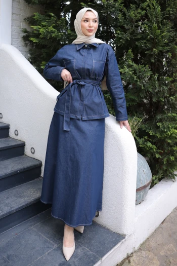 Koyu Mavi Bel Kuşaklı Çift Cepli Ceket Etekli Takım