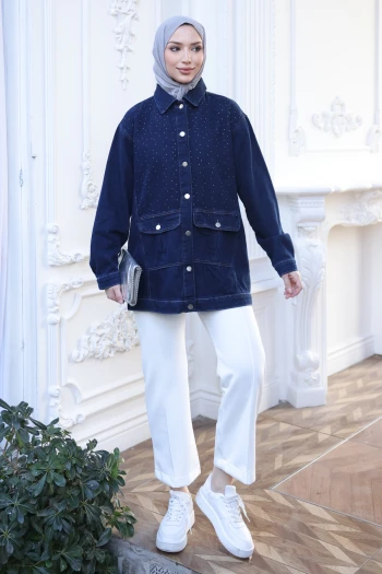 Koyu Mavi Taş İşlemeli Kot Ceket