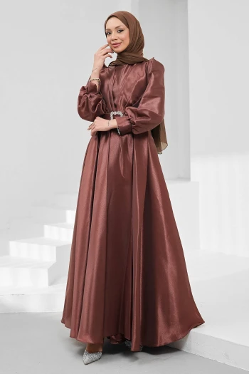 Koyu Mürdüm Balon Kol Drapeli Abiye