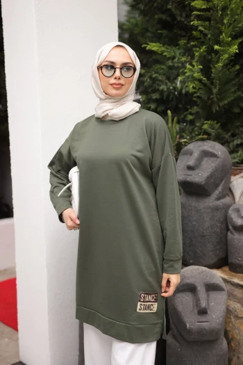 Koyu Yeşil Bisiklet Yaka Armalı Tunik