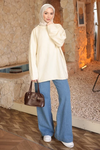 Krem Bisiklet Yaka Oversize Triko Kazak