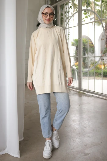 Krem Bisiklet Yaka Soğuk İplik Triko Tunik