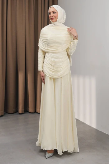 Krem Seyyar Pelerinli Drapeli Abiye