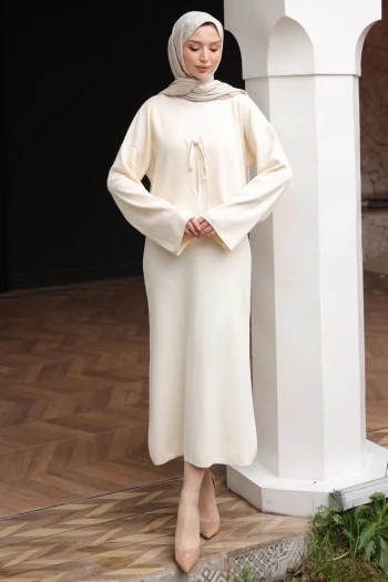 Krem Triko Hırka Elbise İkili Kombin Takım