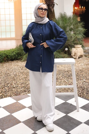 Lacivert Balon Kol Kuşaklı Gömlek