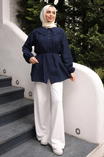 Lacivert Bebe Yaka Bel Bağlamalı Gömlek