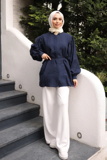 Lacivert Bel Bağlamalı Broşlu Modal Tunik