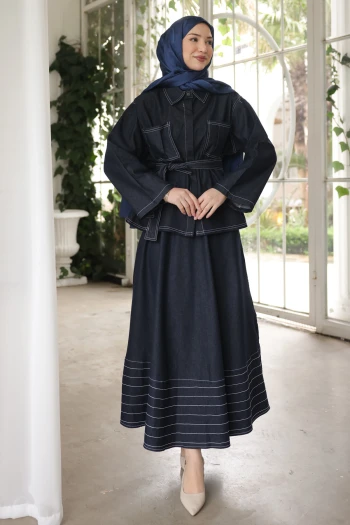 Lacivert Bel Bağlamalı Ceket Etekli Kot Takım