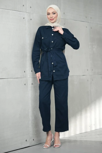 Lacivert Bel Bağlamalı Cepli Ceket Pantolonlu Kot Takım
