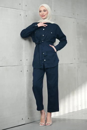 Lacivert Bel Bağlamalı Cepli Ceket Pantolonlu Kot Takım