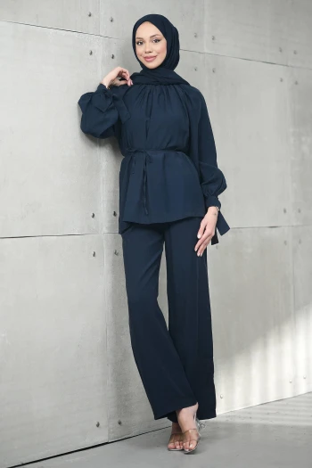 Lacivert Bel Bağlamalı Tunik Pantolonlu Tensel Takım
