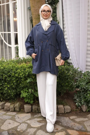 Lacivert Bel Lastikli Kruvaze Yaka Ceket