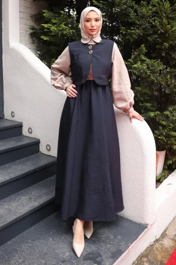 Lacivert Bel Lastikli Yelek Kombinli Elbise Takım