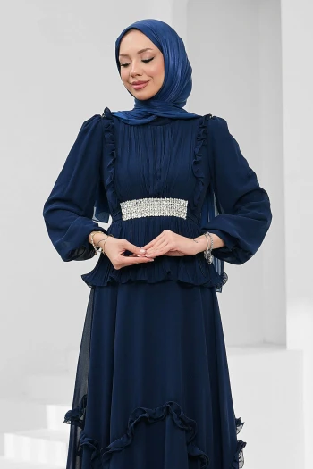 Lacivert Beli Taşlı Pliseli Şifon Abiye