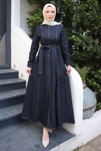 Lacivert Bisiklet Yaka Kuşaklı Kot Elbise