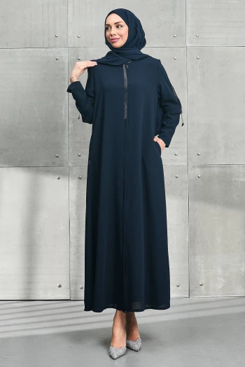 Lacivert Bisiklet Yaka Taşlı Fermuarlı Ferace