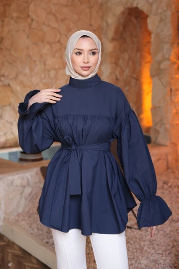 Lacivert Büzgü Detaylı Balon Kol Kuşaklı Tunik